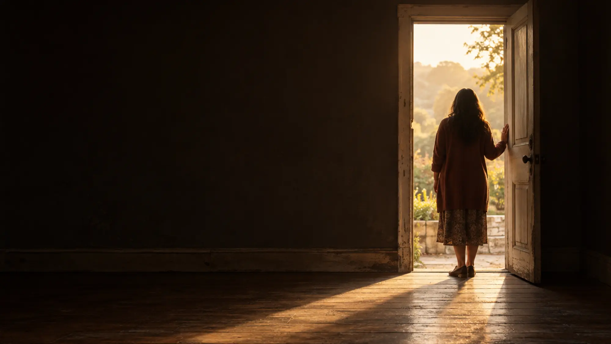 A person standing in an open doorway, looking out at daylight